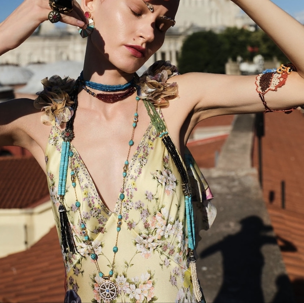 Camilla v neck bias slip dress with back frill in Darling buds - Picture 8 of 16